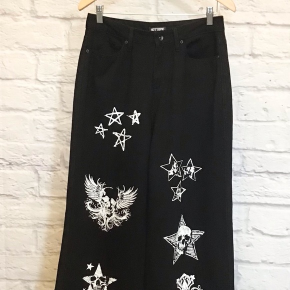 Hot Topic 7 Wide Leg Skull Women’s Jeans High Rise Black Goth Grunge Punk - Picture 4 of 12